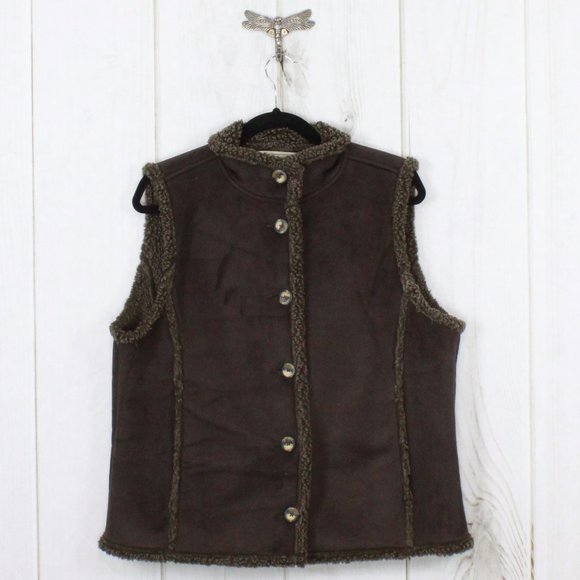 L.L. Bean Jackets & Blazers - LL Bean Brown Suede Sherpa Lined Button Down Collared Vest Size L